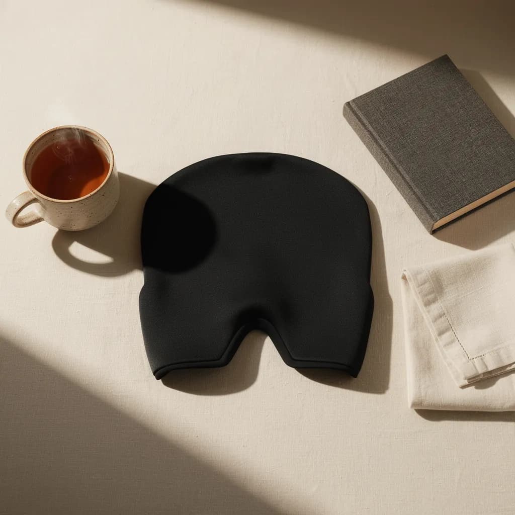 Black Solni gel cap beside a warm bedside lamp